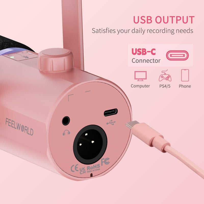 FEELWORLD PM1 XLR USB Dynamic Microphone Gifts for Podcast Recording PC Computer Gaming Live Streaming Vocal Voice-Over, Studio Metal Mic with RGB Light, Mute Button, Headphones Jack (Pink) Pink