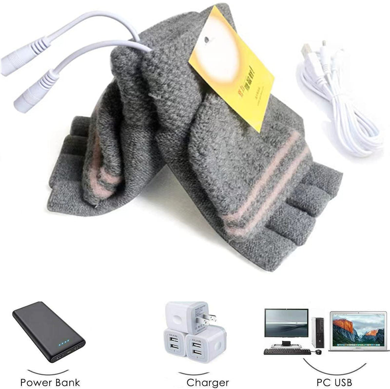 Women's & Men's USB Heated Gloves Mitten Winter Hands Warm Laptop Gloves, Knitting Hands Full & Half Heated Fingerless Heating Warmer Washable Design (Gray)