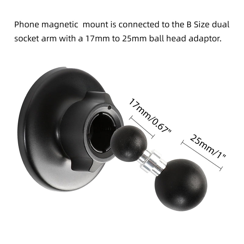 Magnetic Cell Phone Holder Base with 3.54" Double Socket arm for MagSafe iPhone 17 16 15 14 13 Series,Compatible with RAM B Size Mounts Magnetic Phone Holder with 3.54" Arm