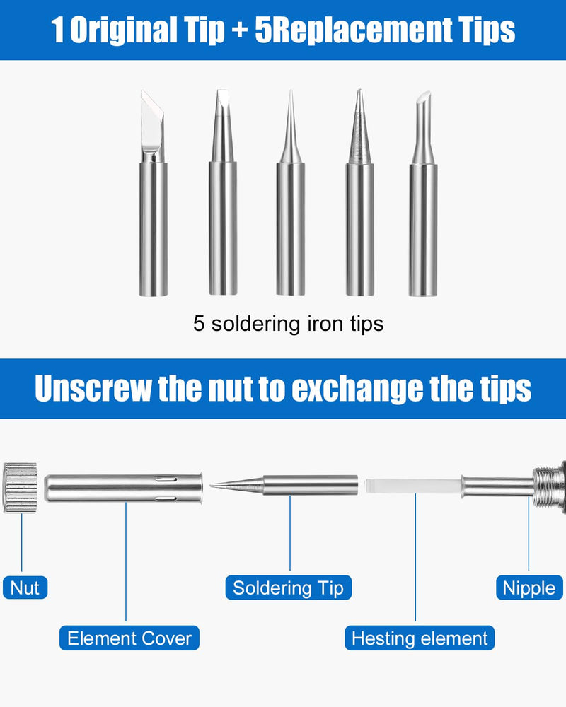 [AUSTRALIA] - Zawaer Soldering Iron Set, 100 W LED Soldering Iron with Adjustable and Locking Temperatures 180 °C - 500 °C, with On/Off, 10 g Soldering Wire, 5 Soldering Tips, Soldering Iron Stand, Soldering Set Black 