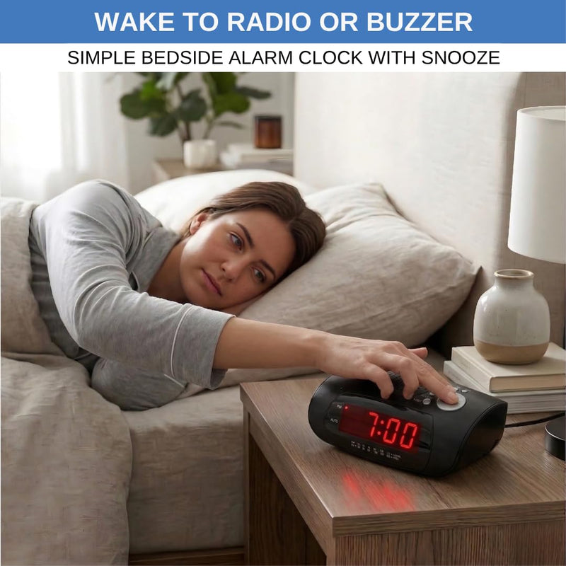 Digital Alarm Clock Radio for Bedroom with AM/FM Radio, USB Charging Port for Phone, Red LED Display, Wake to Radio or Buzzer, Snooze, Sleep Timer, AUX Input, Battery Backup