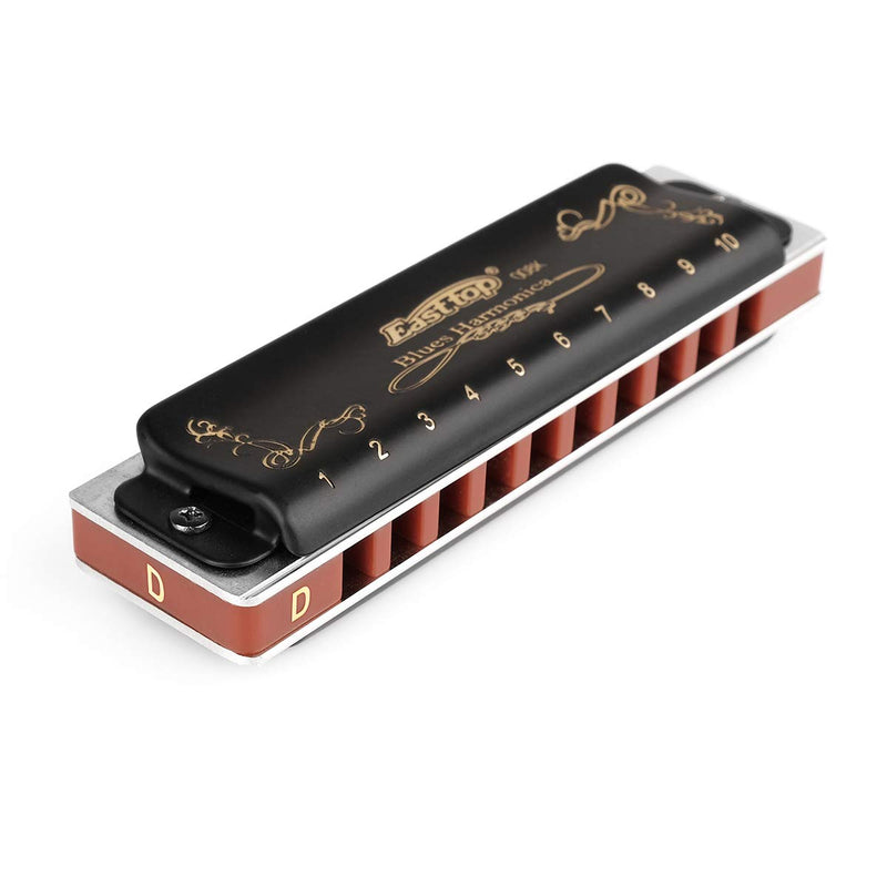 [AUSTRALIA] - Easttop Professional Harmonica Blues Key of D 10 Hole 20 Tone Heavy Duty with Case & Cleaning Cloth for Professional Player,Beginner,by Eison-East Top,Black,Great Christmas Gift 