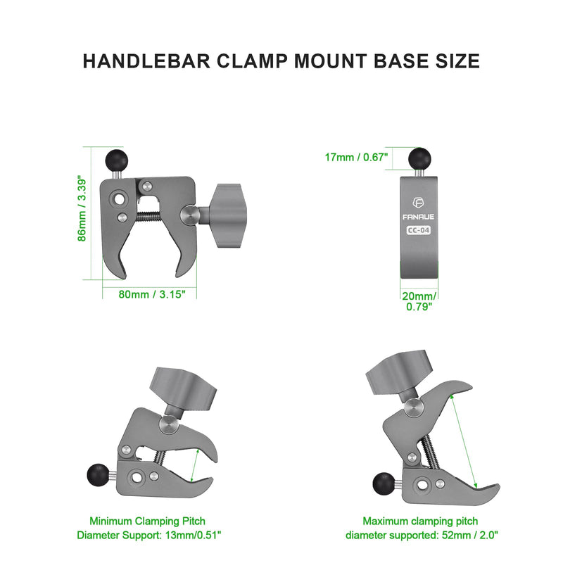 FANAUE Aluminum Handlebar Base Mount Strong Rod Clamp with 17mm Ball Head Adapter for Rails 0.5'' to 2'' Diameter Compatible with Garmin GPS Mounts & Bike Motorcycle Phone Holder with 17mm Ball Socket