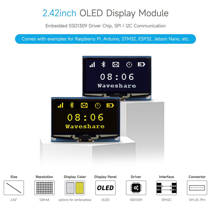 Waveshare 2.42 inch OLED Display Module Panel 128 x 64 Resolution SPI / I2C Communication White Colour Version Compatible with Raspberry Pi Jetson Nano