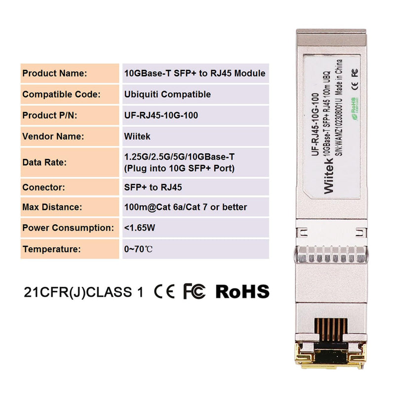100 Meters, 10Gb SFP+ to RJ45 Modules, 1G/2.5G/5G/10GBase-T Ethernet Copper to SFP+ Transceiver for Ubiquiti UF-RJ45-10G, Plugin 10Gb SFP+ Port, Very Low Power Consumption 100m (10Gbps)