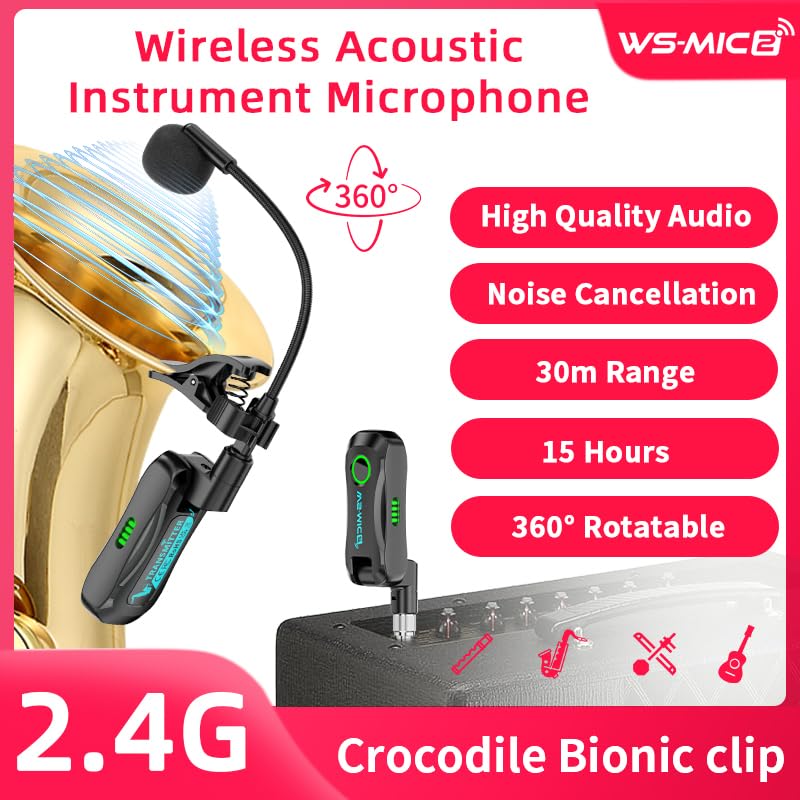 [AUSTRALIA] - Wireless Saxophone Microphone System, Clip-On Instrument Mic for Saxophone Trumpet Trombone Flute, Unidirectional Gooseneck Pickup, 360° Adjustable Clip, Low Latency Long Battery for Performance 