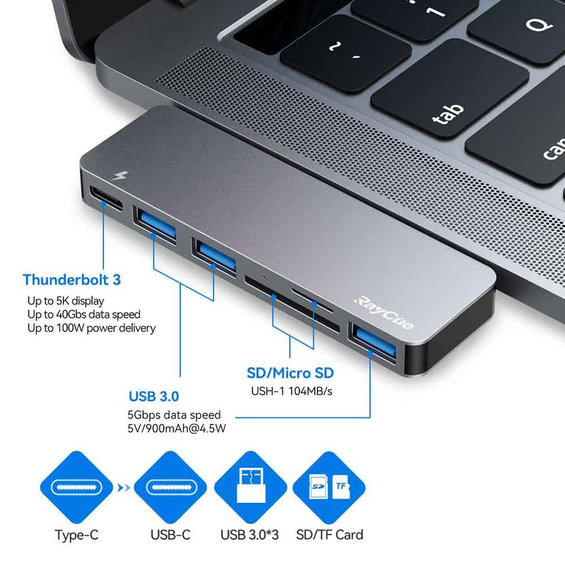 USB C Hub Adapter for MacBook Pro/Air M1 2020 2019 2018, 6 in 1 USB-C Accessories Compatible with MacBook Pro 13″ and 15″ with 3 USB 3.0 Ports, TF/SD Card Reader, USB-C Power Delivery