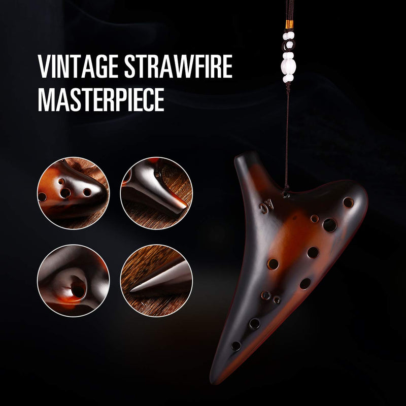 MIFOGE Ocarina 12 Hole Tones Alto C with Gift Wrapping Display Stand Neck Cord Protective Cover Song Book Strawfire Masterpiece Collectible Music Instrument Gift Idea For Beginner Musician Brown Strawfire