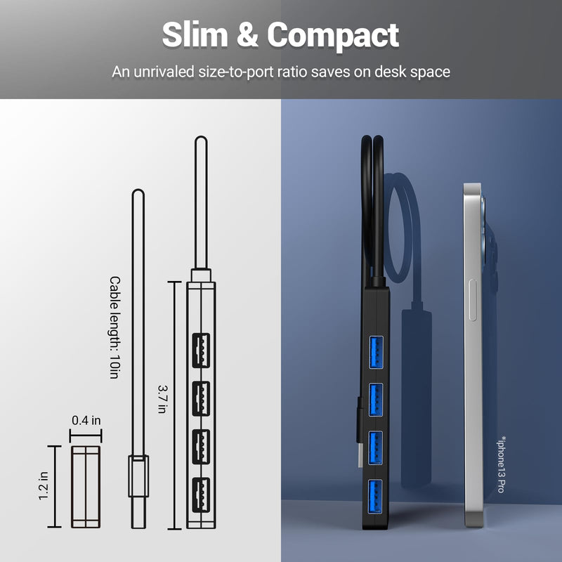 USB 3.0 Hub, 4 Port USB Hub, 5Gbps Transmission Speed, Effortlessly Expand Your Laptop, Flash Drive, Hard Drive, Console, Printer, Camera, Keyboard and Mouse Connectivity