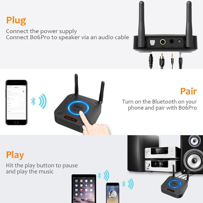 [AUSTRALIA] - [Upgraded] 1Mii B06Pro Long Range Bluetooth Receiver, HiFi Wireless Audio Adapter, Bluetooth 5.3 Receiver with 3D Surround aptX HD Low Latency Optical RCA AUX 3.5mm Coaxial for Home Stereo System B06Pro Black 