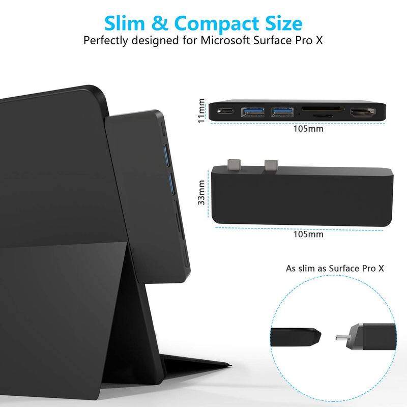 Surface Pro X Hub Docking Station, 6-in-2 Microsoft Surface Pro X Accessories with 4K HDMI + USB C Audio & Data Transfer Port + 2 USB 3.0 +SD/TF Card Reader for Microsoft Surface Pro X
