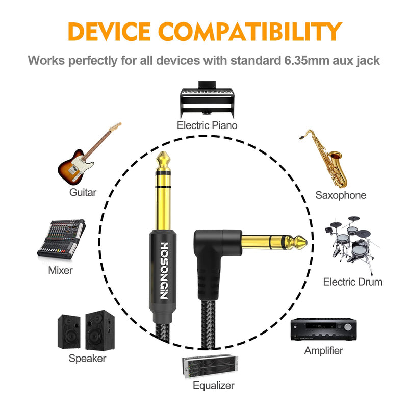 HOSONGIN 1/4 Inch TRS Instrument Cable 3.3 feet 2-Pack, Straight-to-Right Angle 6.35mm Male Stereo Audio Cord, Balanced Interconnect Line for Electric Guitar, Bass, Keyboard, Mixer, Amplifier, Speaker 1/4" TRS Stereo Cable