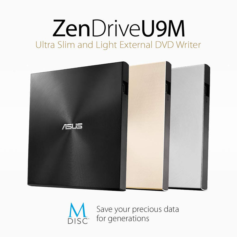 ASUS ZenDrive Black 13mm External 8X DVD/Burner Drive +/-RW with M-Disc Support, Compatible with Both Mac & Windows and Nero BackItUp for Android Devices (USB 2.0 & Type-C Cables Included) ZenDrive Silver USB 2.0 + Type C U9M|Black