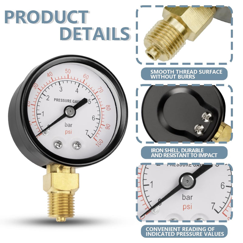 Innfeeltech 50mm Well Pump Pressure Gauge BSP 1/4" 0-7 Bar, 0-100 Psi with Bushings & Nipple Reducer, 1 Teflon Tape, Radial 50MM, 7bar(100psi)