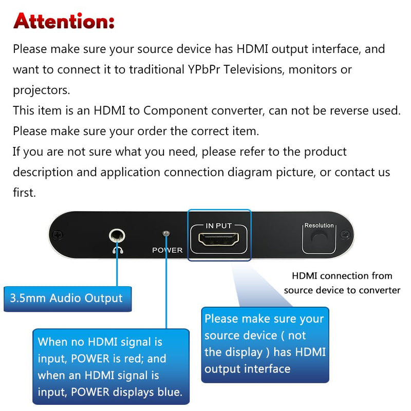 HDMI to Component Converter, HDMI to YPbPr 5RCA RGB Converter with Scaler Function up to 1080P@60Hz Supports Video Audio Converter Adapter for TV Stick, DVD, PS3, PS4 Etc Black