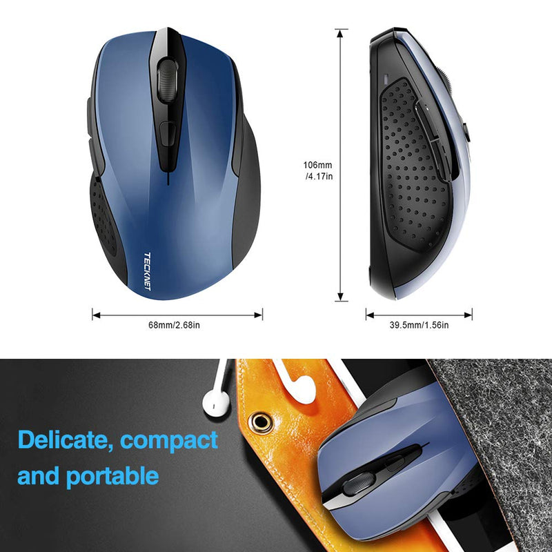 Wireless Mouse, TECKNET Pro 2.4G Ergonomic Wireless Optical Mouse with USB Nano Receiver for Laptop,PC,Computer,Chromebook,Notebook,6 Buttons,24 Months Battery Life, 2600 DPI, 5 Adjustment Levels Blue
