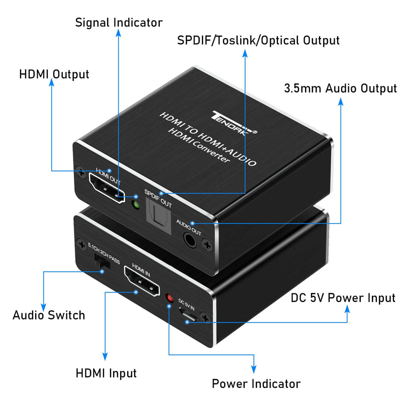 Tendak HDMI Audio Extractor, 4K 30Hz HDMI Audio Splitter to Optical TOSLINK SPDIF + 3.5mm Stereo Audio Adapter, Compatable for TV, PC, PS3/4/5, Blu-ray/DVD/HD Player
