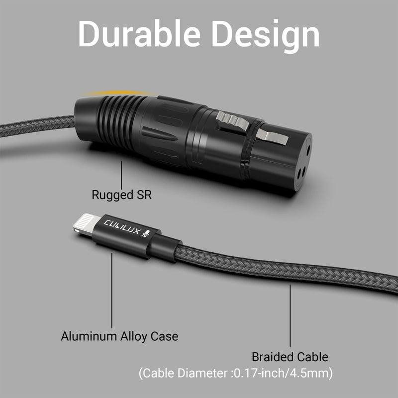 Cubilux XLR Female to Lightning Microphone Cable for Recording, Karaoke, XLR Dynamic Microphone/XLR Lapel Microphone to Lightning braided cable for iPhone 14/13/12 pro max, iPad 9/8/7, iPod, 2m/6.5FT
