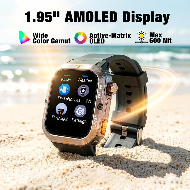 AGM L3 Rugged Smart Watch, 1.95" AMOLED, 70-Lumen Flashlight, Wrist Calls | Built for Work, Trails and Daily Knocks, 5ATM Fitness Tracker, Custom Faces, Heart Rate SpO2 Sleep Monitor for iOS & Android One Size