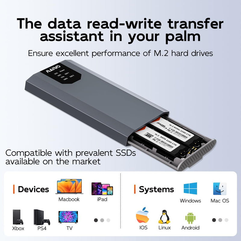 MAIWO Dual-Bay M.2 SSD Enclosure Cloner for NVMe & SATA, USB3.2 GEN2X2 10Gbps M.2 Duplicator Supports Bidirectional Offline Clone for SSDs Sizes 2230/2242/2260/2280