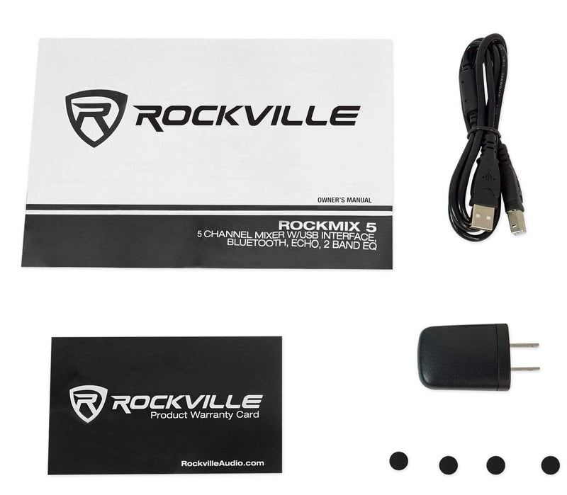Rockville RockMix 5 Channel Pro Mixer w/USB Interface, Bluetooth, Echo, 2-Band EQ, Compact Design, Portable, for Podcasting and Live Music
