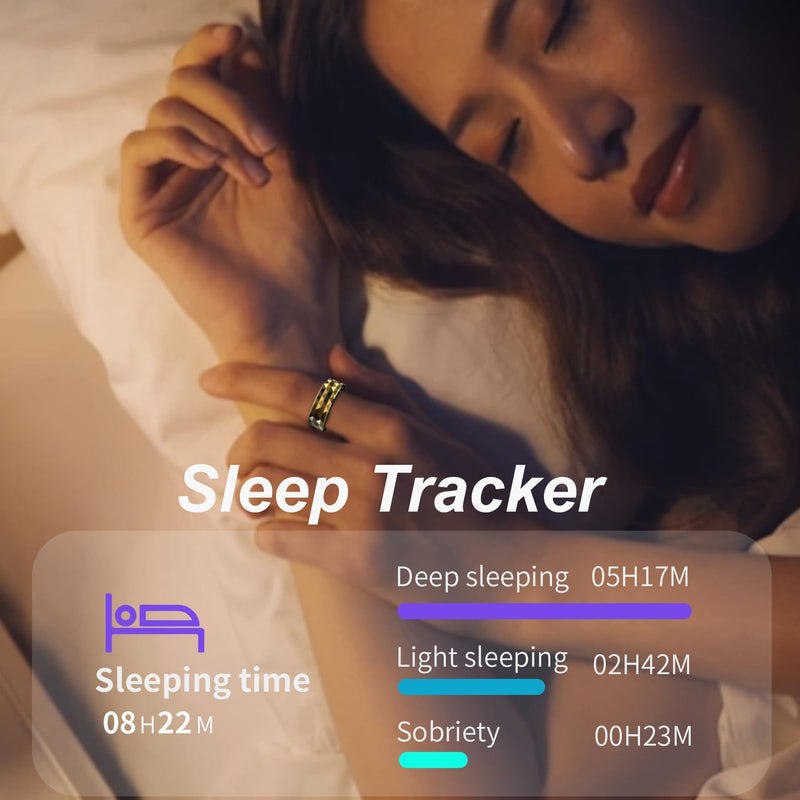 Smart Rings for Men Women Fitness Ring Heart Rate Monitor Sleep Tracker Health Ring Pedometer Calories Step Counter IP68 Waterproof Fitness Tracker for Android iOS Phones US-10 Gold
