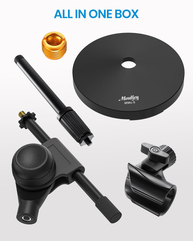 Moukey Mic Stand Desk Adjustable Tabletop Microphone Stand with Non-Slip Mic Clip, Short Table Mic Stand with Gear Fixing, Boom Arm, 3/8" and 5/8" Adapter, MMs-5