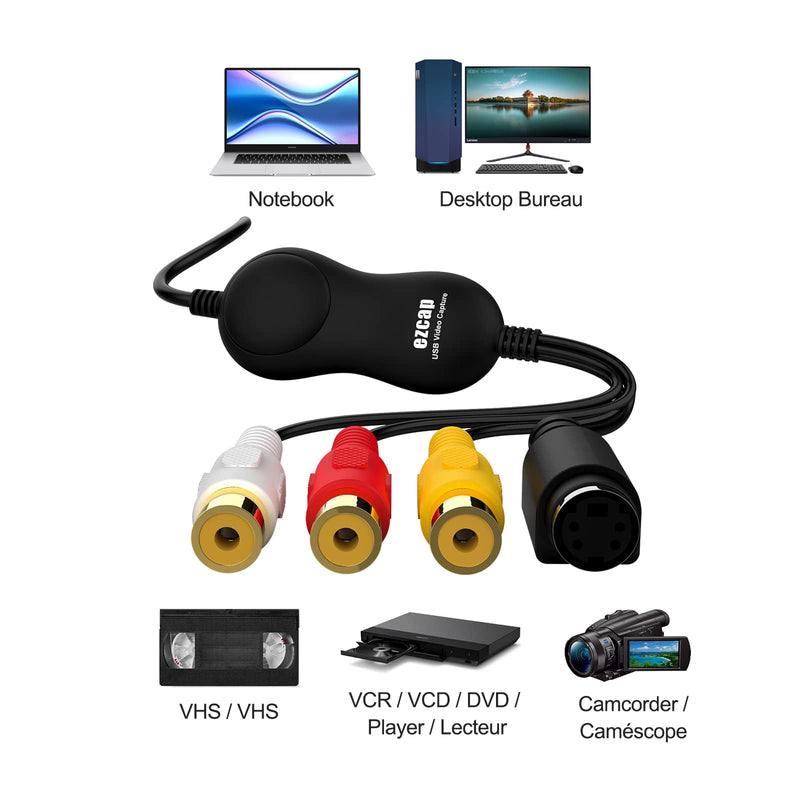 VHS to Digital Converter, RCA to USB 2.0 Video Capture Card, Convert VHS, VCR, Hi8, Camcorder to Digital, Supports CVBS and S-Video Input, Compatible with Windows, Mac, Linux, H.264 Format