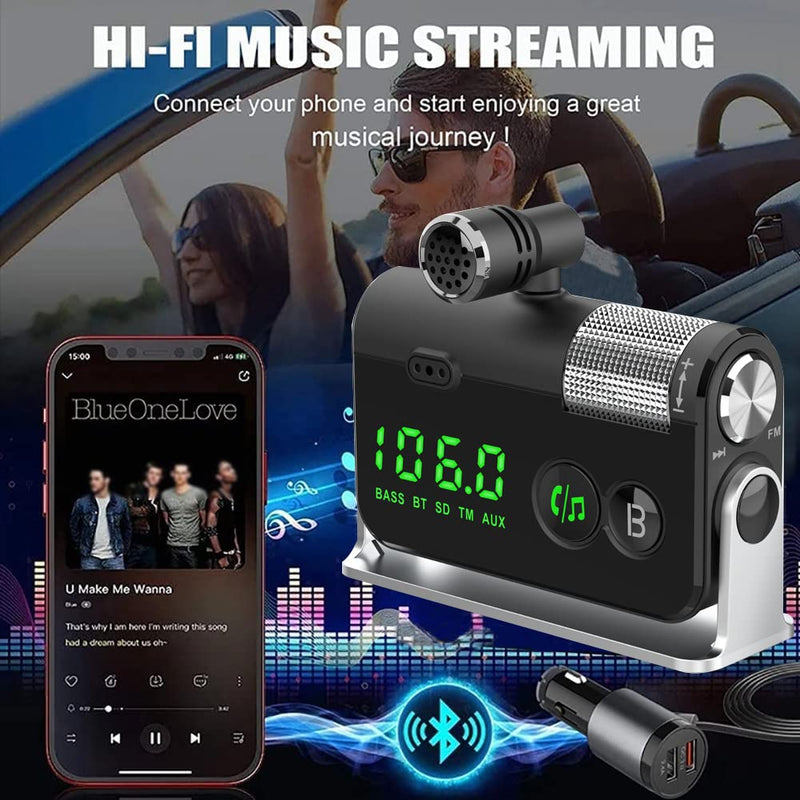 [AUSTRALIA] - WYYHAA Bluetooth Car Adapter, Blutu para Carros with 2 Microphones & QC3.0 +Type-C PD 18W HiFi Bass Supports Hands-Free Calling, Siri Google Assistant, TF Card AUX Output Silver 