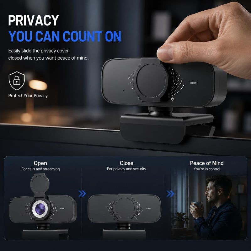 1080P Webcam with Microphone, Privacy Cover & USB-C Adapter | 105° FOV, Fixed Focus, Auto Light Correction, Plug & Play USB-A Camera with Tripod for Zoom, Teams, FaceTime and YouTube 1080p