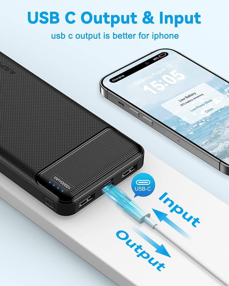 AsperX 2-Pack 10000mAh USB C Output Portable Charger Power Bank Fast Charging, Portable Phone Charger External Battery Pack for iPhone, Samsung, Google LG and Heated Vest Black+White