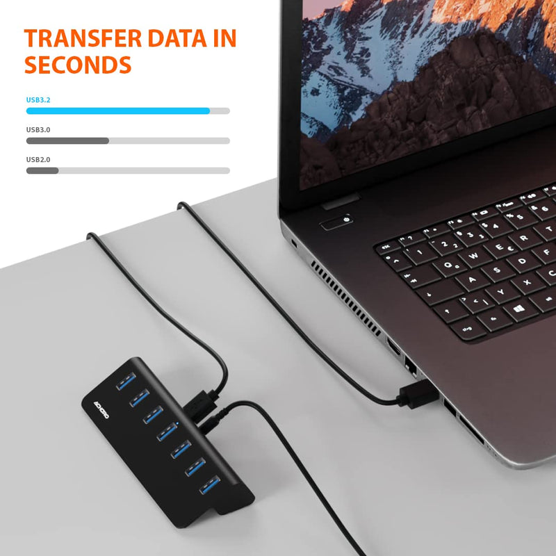 Achoro 7 Ports Powered USB HUB – 2nd Generation 10GB Super Speed External USB Port – USB 3.2 Aluminium USB Hub for Computer, Mac, PCs, Smartphone & Tablets – Computer Multiple USB Hub (Powered Black) POWERED BLACK