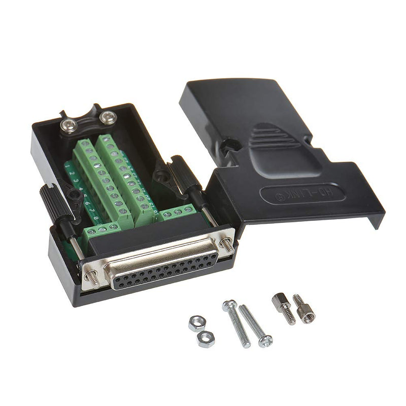 ANMBEST 2PCS DB25 Solderless Connector, RS232 D-SUB Serial to 25-pin Port Terminal Female Adapter Breakout Board with Case Long Bolts Nuts 2PCS Female