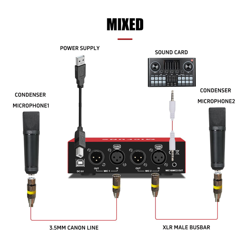 MC New 2 Channel 48V Phantom Power Supply with 3.5mm Audio Cable to Connect Audio Interface for Condenser Microphone Music Recording Equipment (MC2-new red) MC2-new red