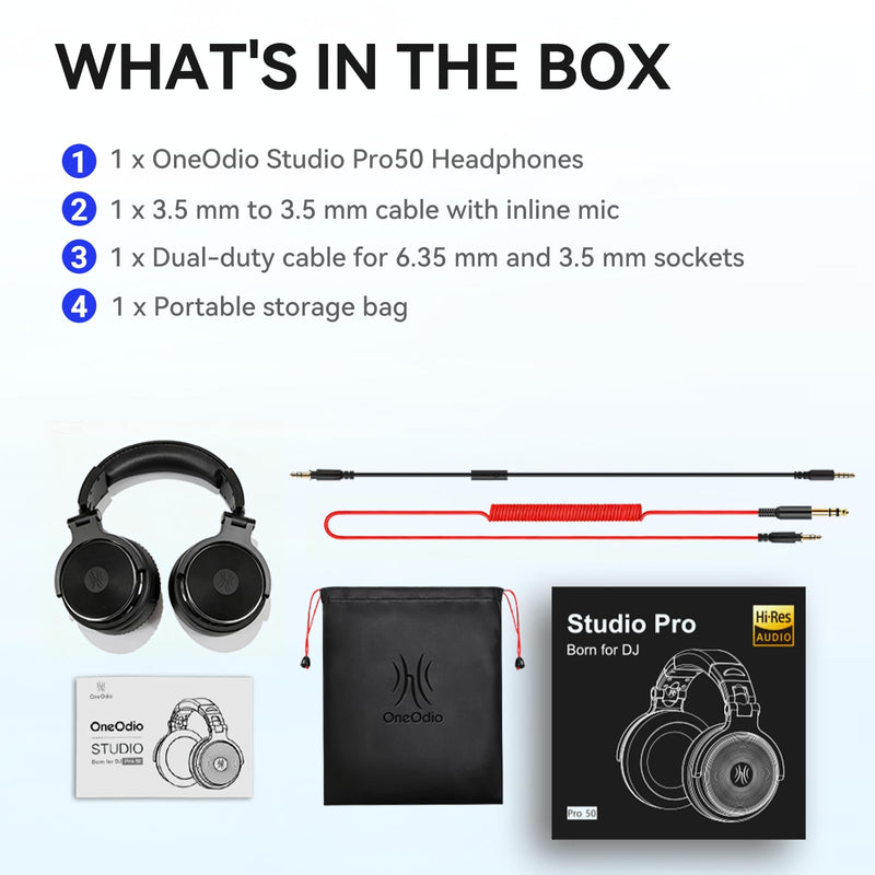 OneOdio Hi-Res Over Ear Headphones for Studio Monitoring and Mixing, Sound Isolation, Protein Leather Earcups, 50mm Driver Unit, Wired Headphones for AMP Guitar Keyboard (Pro-50 Black) Over-Ear-Headphones