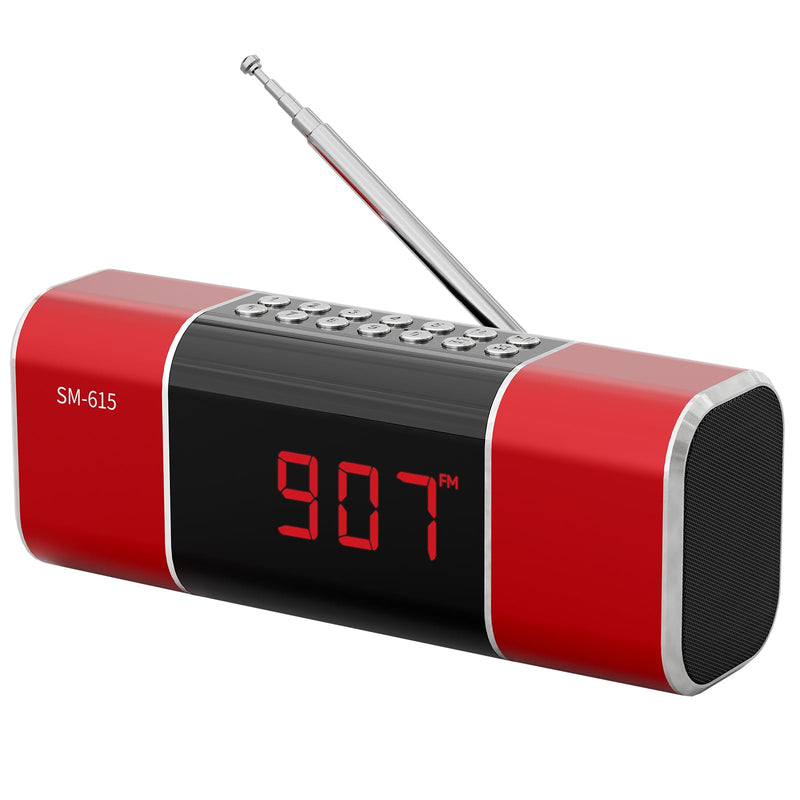 SEMIER Small Digital FM Radio with Bluetooth Speaker, Portable Rechargeable USB/SD Card MP3 Player Radio with Wireless Speaker and Headphone Jack for for Home/Outdoor Red