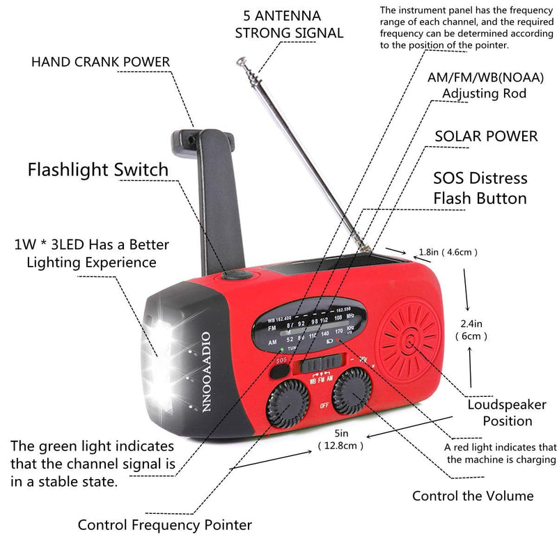 2000mAh SOS Alarm Emergency AM FM Weather Radio, 3LED Type-C Hand Crank Solar Battery Operated Portable Wind Up Radio Flashlight, Cell Phone Charger Survival Kit (Red)