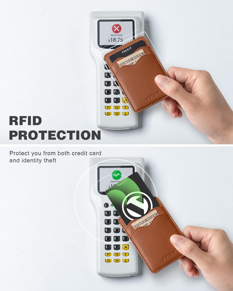 VULKIT Phone Card Holder Slim Leather Adhesive Pocket RFID Blocking Credit Card Sleeves Sticker for Back of Smartphone(Brown) Brown