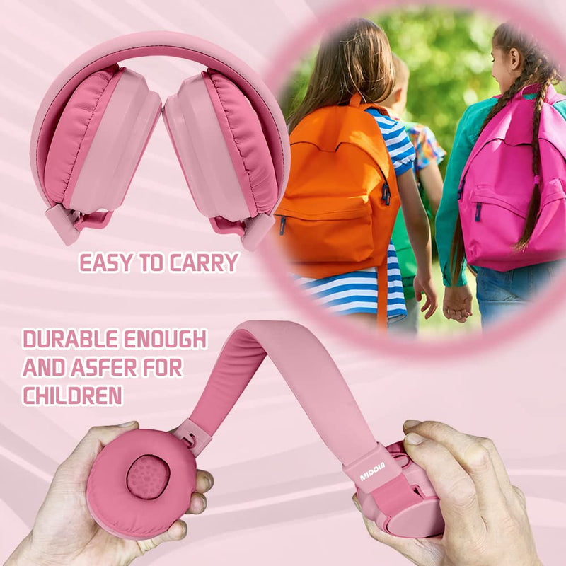 Headphones Kids Bluetooth Wireless Volume Limited 85/110dB Over On Ear Foldable Noise Protection Headset with Cable AUX 3.5mm Mic for Child Boy Girl Travel School Pad Tablet Pink