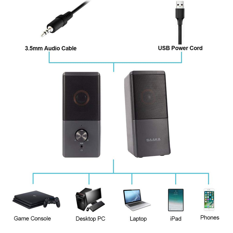 Computer Speaker, Compact Size Speaker with Headphone Jack, Enhanced Bass and Volume Control, Stereo 2.0 USB Powered 3.5mm Aux Multimedia Speakers for Laptop/Desktop/Tablets/Phone