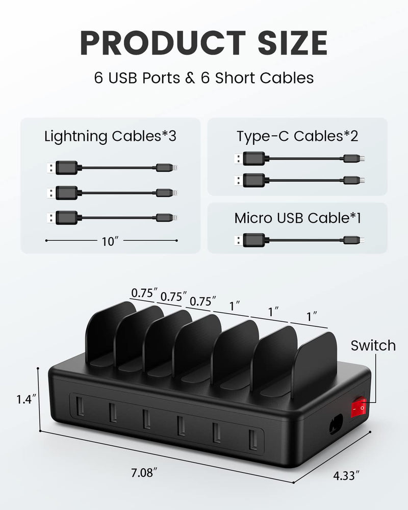 CREATIVE DESIGN Charging Station, 50W 6 Ports Multi Charger Station with 6 Charging Cables, USB Charging Dock for Multiple Devices, Compatible with Cellphone iPad Kindle Tablet and Other Electronic Black