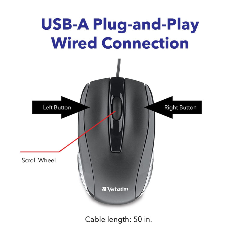 Verbatim Wired Computer Mouse - Corded USB Mouse for Laptops and PCs - Right or Left Hand Use, Black Glossy Black