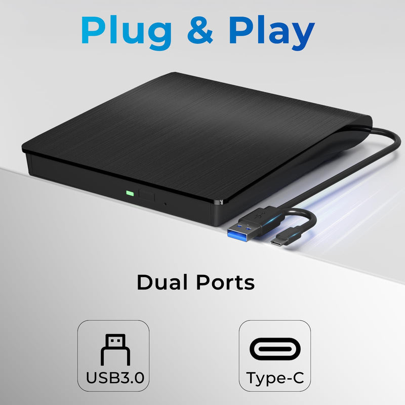 [AUSTRALIA] - External CD/DVD Drive, USB 3.0 & Type-C CD/DVD Disc Reader Writer, CD ROM +/-RW External CD Player, Portable CD Burner for Laptop Desktop PC Mac Windows Linux (Black) Black 