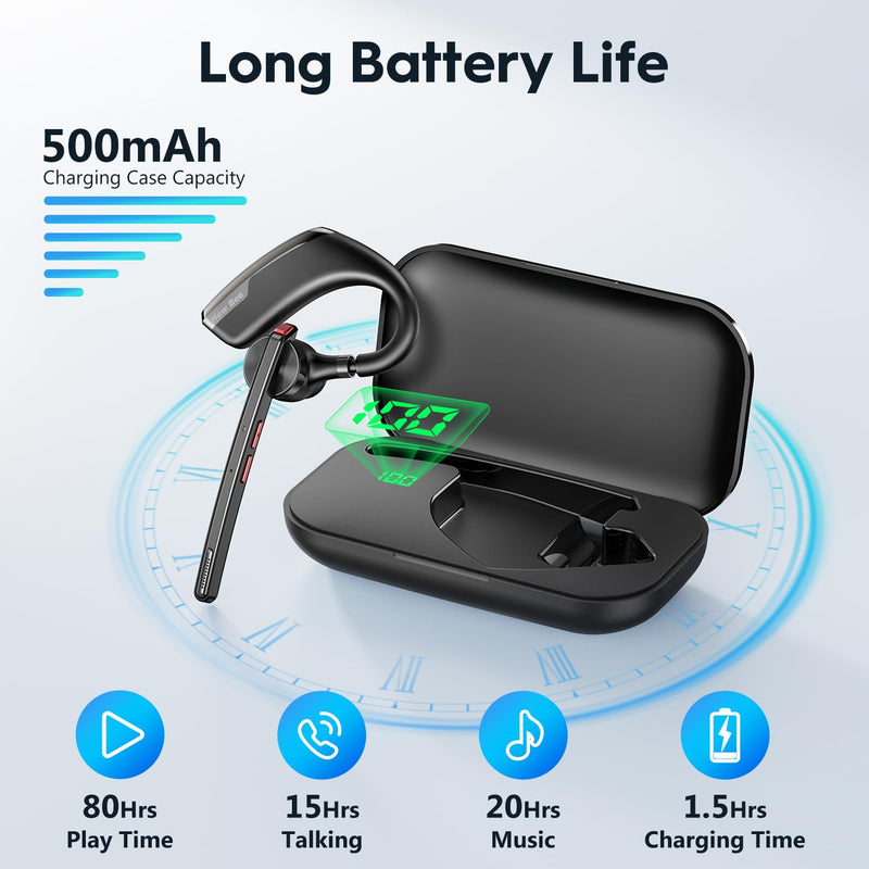New bee Bluetooth Headset, Wireless Bluetooth Earpiece for Cellphone with 500mah Charging Case 80h Playtime V5.2 Dual Mic Noise Cancelling Hands-Free Earphones for Office Driver Black