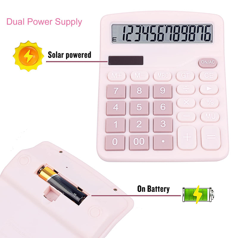 Cute Pink Desktop Calculator with Big Buttons, Dual Power Source, Solar and Battery, Large Display Screen - Perfect for Office, Teachers, and Students (Pink)