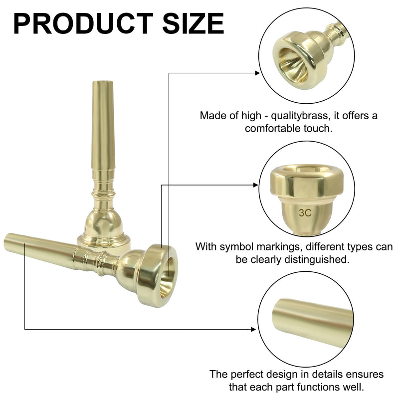 3 Pack Trumpet Mouthpiece, 7C 5C 3C Gold Brass Trumpet Mouthpiece Set Compatible with Yamaha, Cleaning Cloth for Beginners Professional Players