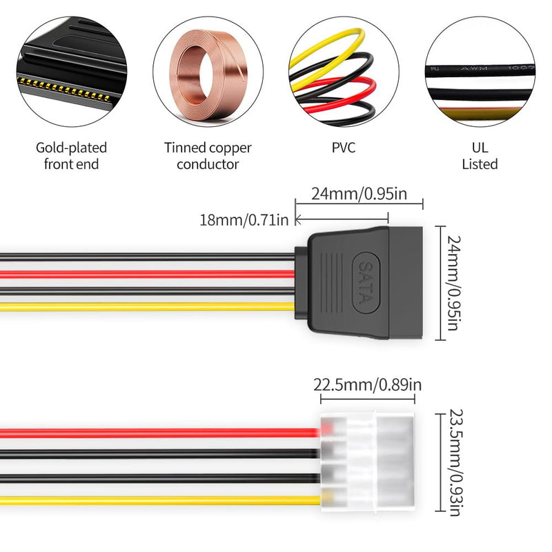 3-Pack 7.8 Inch 4 Pin Molex to SATA Power Cable, IDE 4Pin Male to SATA 15 Pin Female Power Adapter Cable