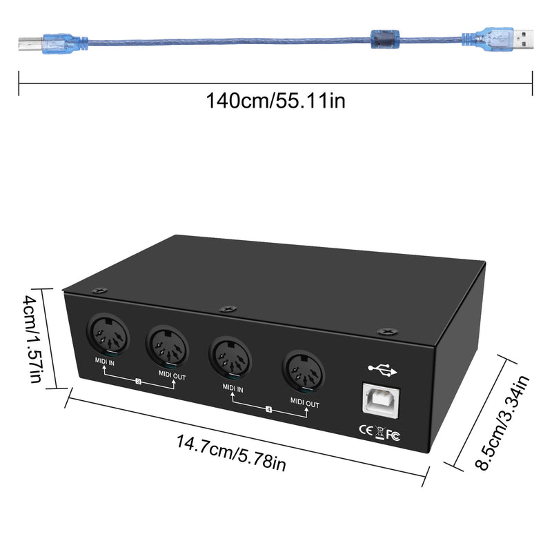 XMSJSIY USB MIDI Interface Box 4 In 4 Out 64 Channel MIDI Thru Box 4 * 4 Converter with Router Merge Splitter Thru Hub with LED Indicators for PC Mac and USB MIDI instruments - 1PCS