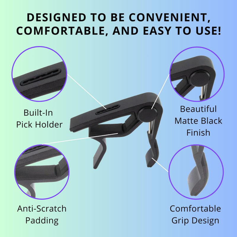 Professional Guitar Capo w/Built-In Pick Holder | Universal Compatibility for Acoustic, Electric & Bass | by AudioMonkey | Includes 6 Picks! (Matte Black)