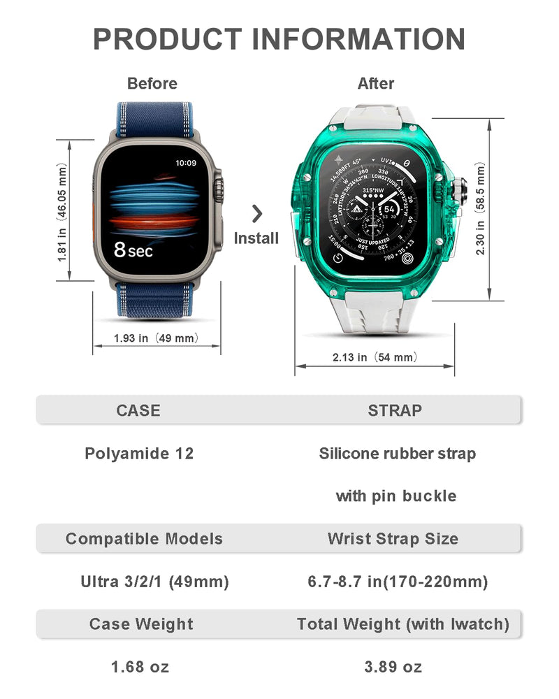 Rugged Case with Band for Apple Watch Ultra 3/2/1 49mm, Translucent Heavy Duty Case with Military Sport Strap for Men, Tactical Grade Shockproof Bumper Cover for iWatch, G-WR Green/White 49mm Ultra 3/2/1